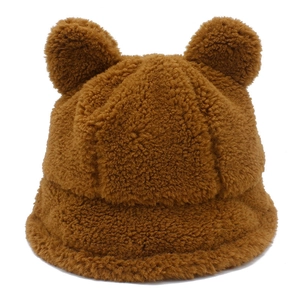 Cute brown lamb wool bucket hat with bear ears for autumn and winter warmth