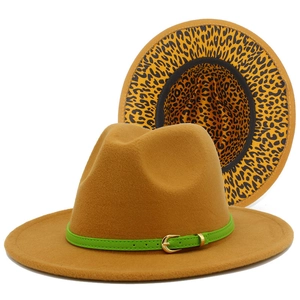 Yellow wool felt fedora hat with neon green belt and leopard print lining detail