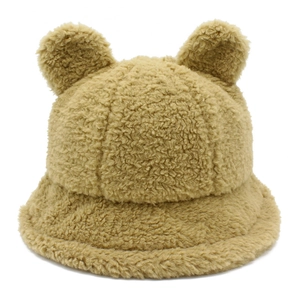 Cute Bear Ears Lamb Wool Bucket Hat For Women Winter Warm Fuzzy Faux Fur Plush Basin Hat Solid Color Outdoor Sun Hat