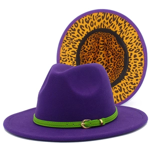 Purple wool fedora hat with green leather band and leopard print underbrim detail
