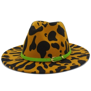 Classic yellow felt fedora hat with black spots and green belt for men and women
