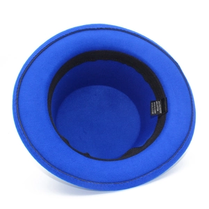 Detailed interior of royal blue felt hat showing the 35% polyester and 65% cotton label