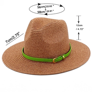 Detailed size chart showing 7cm brim and 12cm height on a stylish woven khaki fedora hat