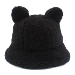Kawaii black lamb wool bucket hat with cute bear ears for winter warmth and fashion