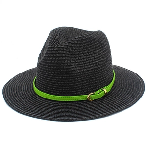 Classic black woven straw fedora hat with neon green leather band and golden buckle finish