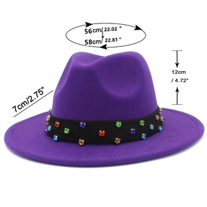 Detail showing dimensions and colorful rhinestones on a purple wool jazz fedora hat