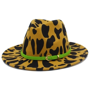 Stylish leopard print fedora hat in yellow and black with green belt and gold buckle detail