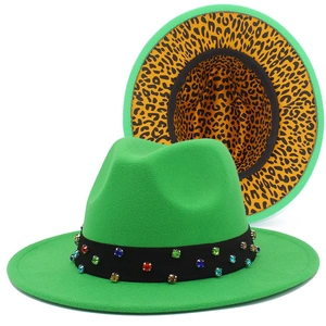 Green fedora hat with leopard print underbrim and colorful rhinestone band accents