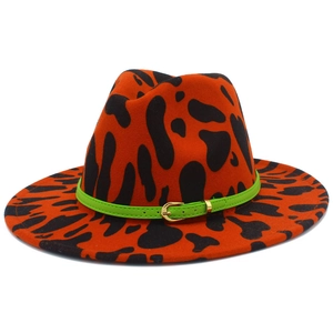 Fashion Cow Print Fedora Hat Wide Brim Woolen Felt Jazz Hat With Contrast Neon Green Belt Buckle For Men Women