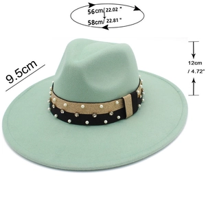 Detail view of 9.5cm wide brim fedora with size measurements and pearl buckle band