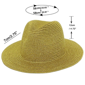 Detailed size specifications for a gold woven Fedora hat with dimensions 56-58cm