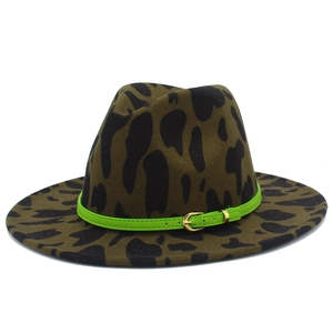Detail of dark green leopard print fedora hat with neon green leather decorative band