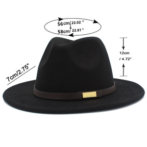 Classic black wool fedora hat with brown leather belt detail and dimensions specifications