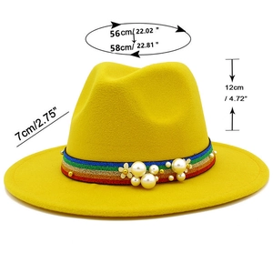 Detailed dimensions of yellow fedora with rainbow ribbon and pearl decorations
