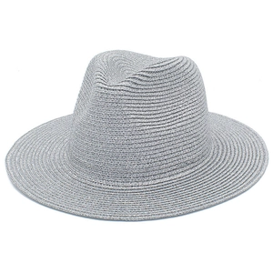 Metallic silver wide-brim Panama fedora hat with shimmering weave for summer beach style