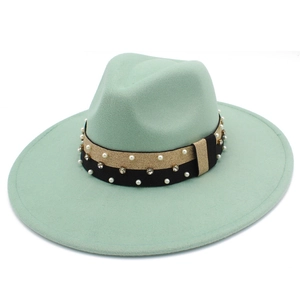 Top view of mint green wool fedora with pearl and rhinestone embellished ribbon band