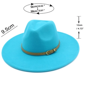 Detailed dimensions of blue 9.5cm wide brim wool fedora hat with khaki leather belt strap