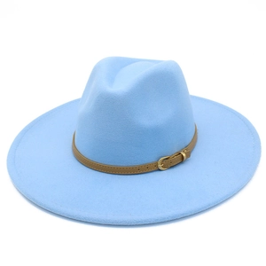 Close-up of light blue wool fedora hat with brown leather band and golden buckle