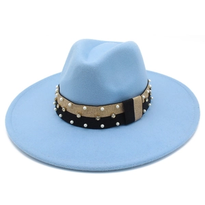 Detail of light blue wide brim felt hat with pearl and rhinestone gold glitter band