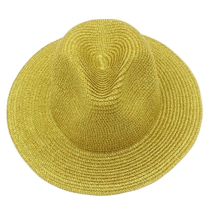 Shiny golden Panama straw hat with jazz style fedora silhouette for summer beach outings