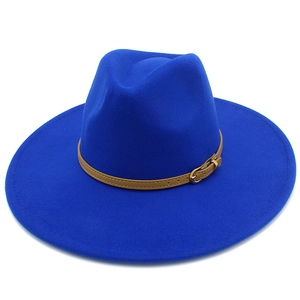 Royal blue wool fedora with wide brim and khaki leather belt for men and women