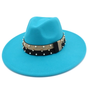 Detail of turquoise wool fedora with pearl and rhinestone embellished gold black band