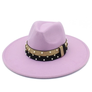 Purple wide brim fedora hat with gold glitter band and pearl rhinestone details