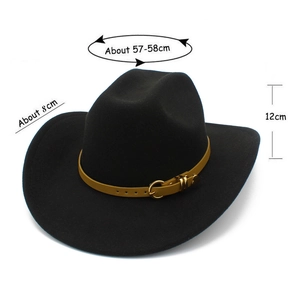 Macro detail of black wool felt fedora featuring yellow leather band and gold buckle