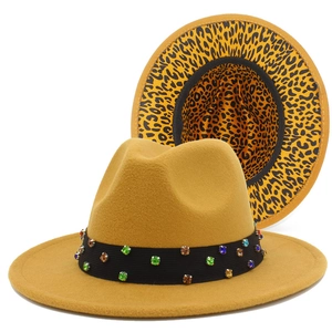 Ginger yellow wool fedora hat with leopard print lining and colorful crystal band decoration