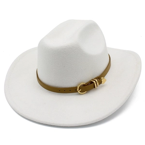 Close-up of a white felt cowboy hat featuring a brown leather belt and gold heart metal buckle