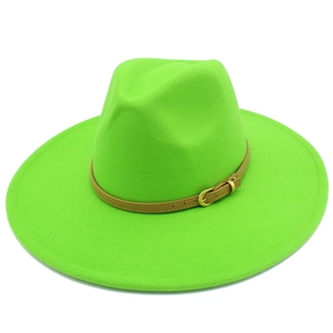 Detail view of neon green wool fedora with 9.5cm wide brim and brown leather band