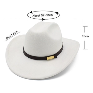 Detail of white wide-brim cowboy hat with brown leather band and size measurements