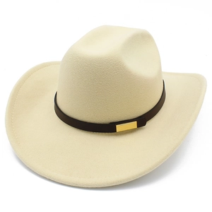 Classic cream felt fedora hat with brown leather band and gold buckle in Western style