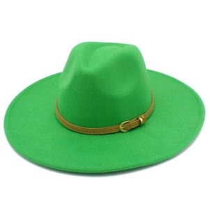 Detail of green wool fedora with a 9.5cm wide brim and brown buckled leather band