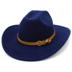 Detail of navy felt fedora featuring a ginger leather belt and gold metal buckle accent