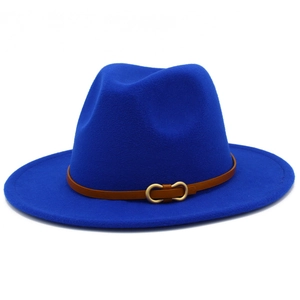 Classic Klein blue wool fedora hat with brown leather band and gold buckle detail