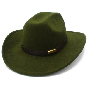 Close-up of military green wool felt fedora hat featuring dark brown leather belt buckle