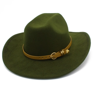 Detail of dark green wool fedora with yellow leather strap and golden metal buckle