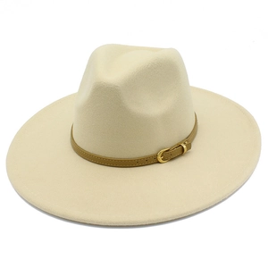 Elegant beige wide-brim wool fedora hat with a brown leather belt and golden buckle