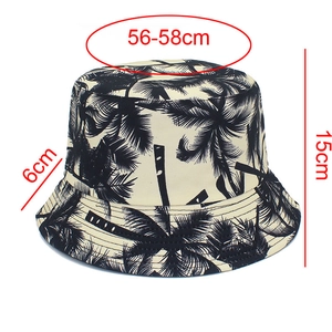 Size guide for beige cotton bucket hat with black palm tree print showing dimensions