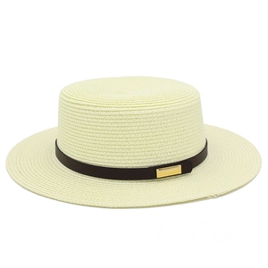 Chapeau de soleil élégant à large bord en paille crème avec ruban marron et boucle