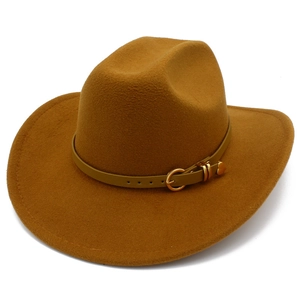 Classic tan wool felt fedora hat with khaki leather band and gold heart buckle