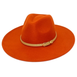 Detailed macro view of wool fedora hat featuring tan leather band with gold buckle accent