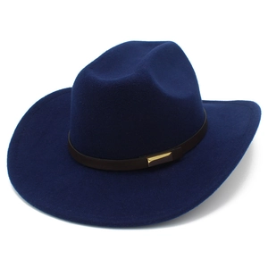 Detailed view of deep blue fedora with brown leather band and gold metal buckle