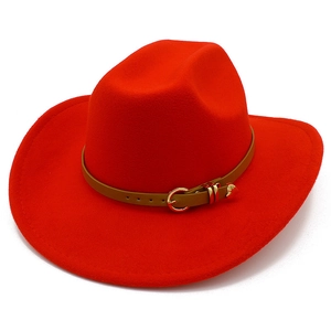 Classic red wool fedora hat with wide brim featuring a brown leather belt and gold heart charm