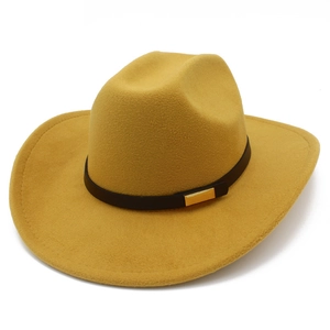Ginger yellow wool felt western cowboy hat with brown leather strap and gold metal buckle