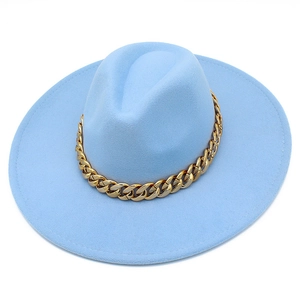 Chapeau Fedora à Large Bord à la Mode Avec Chaîne en Métal Doré Casquette de Jazz en Mélange de Laine pour Femmes Hommes