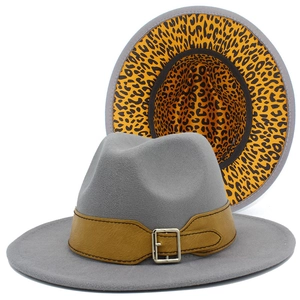 Vintage Leopard Print Lining Fedora Hat Men Women Wide Brim Woolen Jazz Hat With Leather Belt Buckle Outdoor British Style Felt Hat