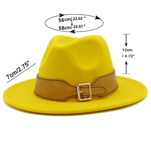 Detailed size specifications for yellow wool fedora hat with brown leather belt and buckle