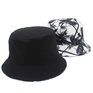Black and palm tree print reversible cotton bucket hat for outdoor sun protection